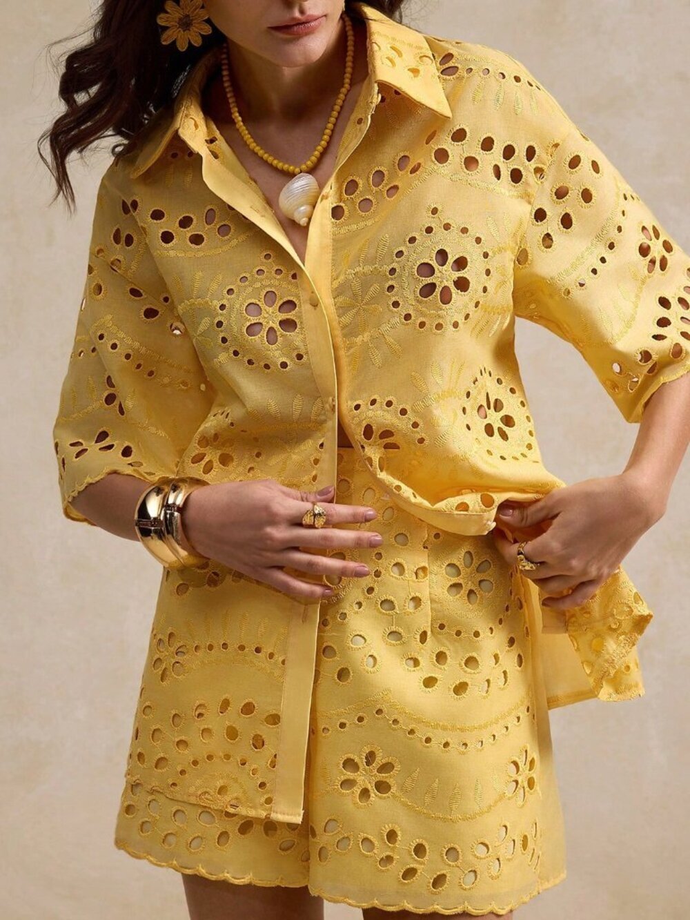 Yellow Casual Women's Embroidered Hollow Out Shirt Set